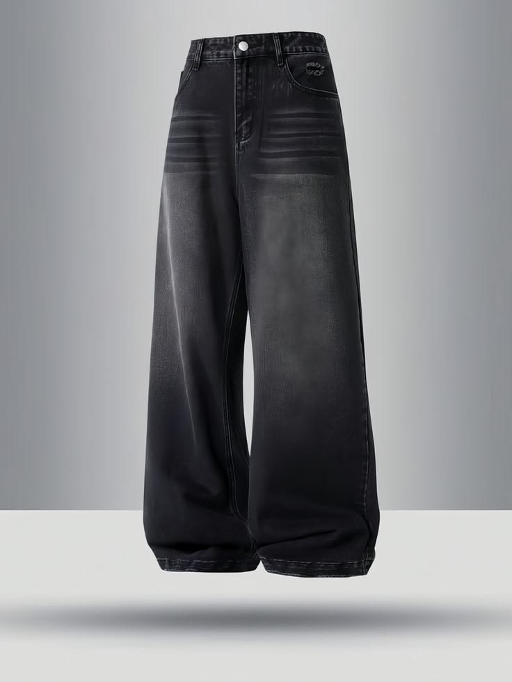 Premium Men’s/Unisex Baggy Fit Wide-Leg Denim Jeans – Washed Charcoal Black